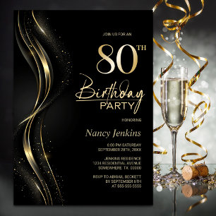 Stylish Black and Gold 80th Birthday Party Invitation
