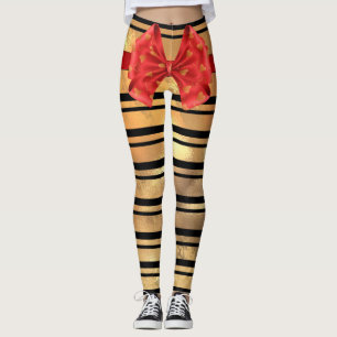 Stylish Black and gold glitter Stripes Modern Bow  Leggings