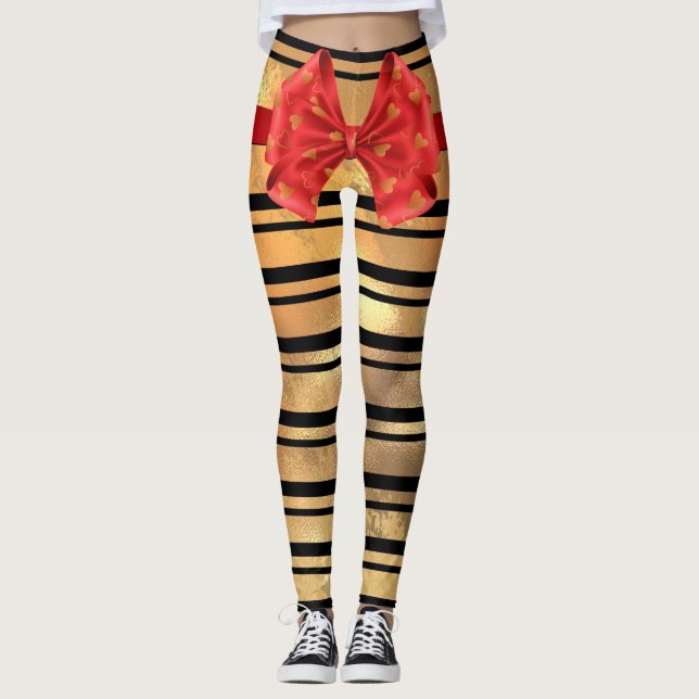 Stylish Black and gold glitter Stripes Modern Bow  Leggings (Front)