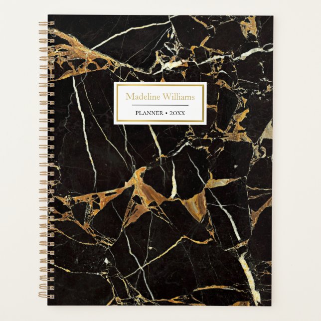Stylish Black and Gold Marble | Personalized Planner (Front)