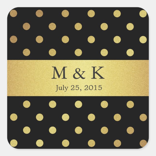 Stylish Black and Gold Polka Dots Monogram Square Sticker (Front)