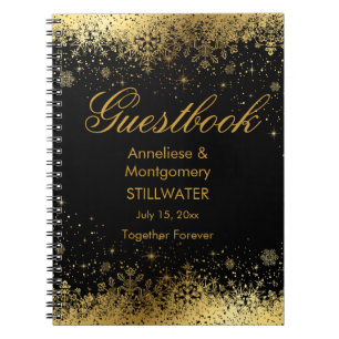 Stylish Black and Gold Snowflakes - Guestbook Notebook