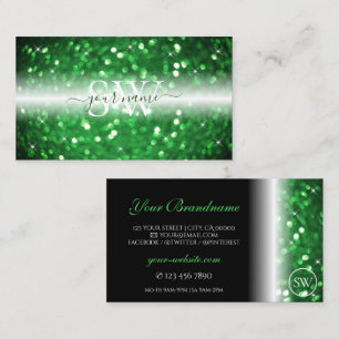 Stylish Black and Green Sparkling Glitter Initials Business Card