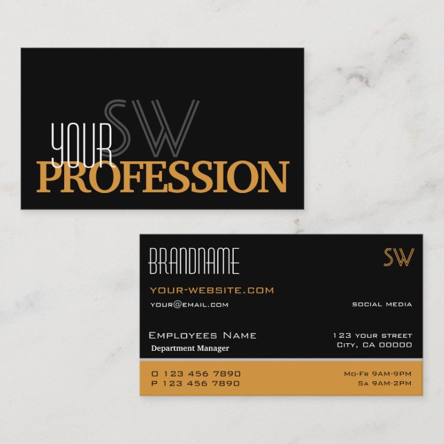 Stylish Black and Orange Simple with Monogram Business Card (Front/Back)