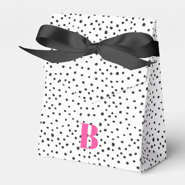 Stylish Black and Pink Polka Dot Pink Monogram Favor Box (Front Side)