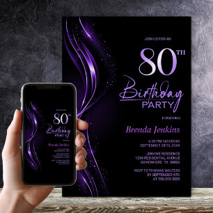 Stylish Black and Purple 80th Birthday Party Invitation
