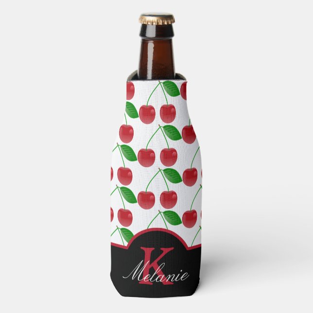 Stylish Black and Red Cherries Personalised Bottle Cooler (Bottle Front)