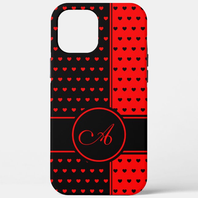 Stylish Black And Red Hearts Pattern, Monogram Case-Mate iPhone Case (Back)