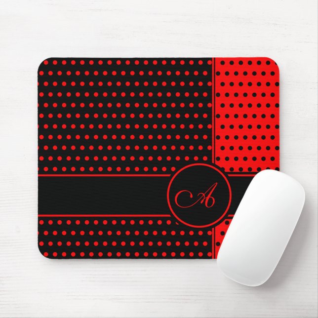 Stylish Black And Red Polka Dots Pattern, Monogram Mouse Pad (With Mouse)