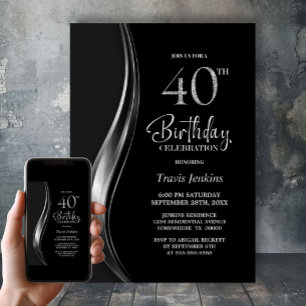 Stylish Black and Silver 40th Birthday Party Invitation