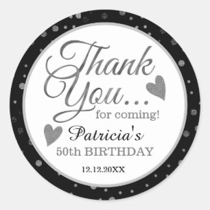 Stylish Black And Silver 50th Birthday Thank You   Classic Round Sticker