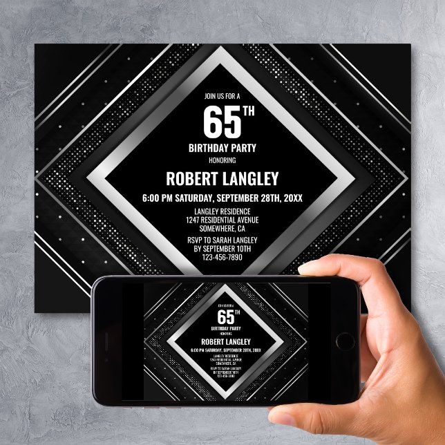 Stylish Black and Silver 65th Birthday Party Invitation (Creator Uploaded)