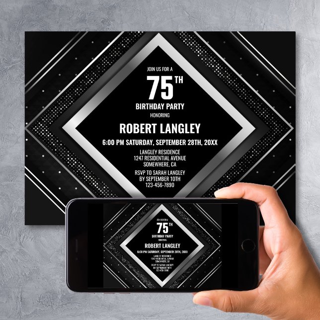 Stylish Black and Silver 75th Birthday Party Invitation (Creator Uploaded)