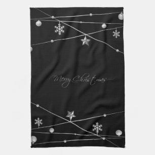 Stylish Black and Silver Christmas Calligraphy Kitchen Towel