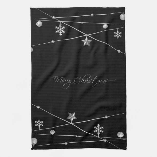 Stylish Black and Silver Christmas Calligraphy Kitchen Towel (Vertical)