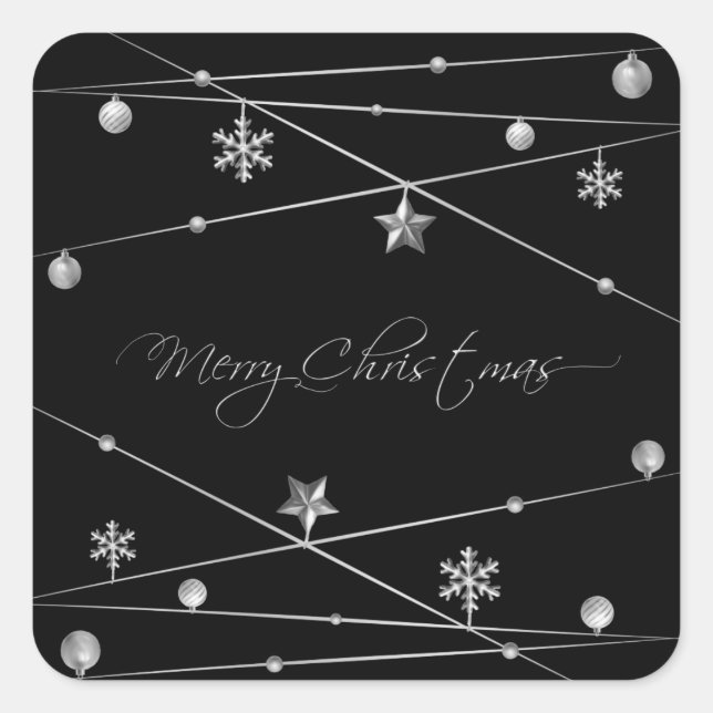 Stylish Black and Silver Christmas Calligraphy Square Sticker (Front)