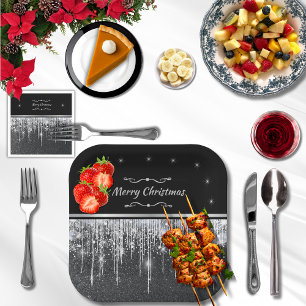 Stylish Black and Silver Merry Christmas Party Paper Plate