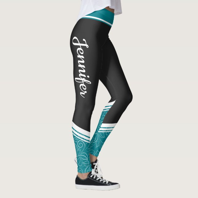 Stylish black and teal blue floral white name leggings (Right)