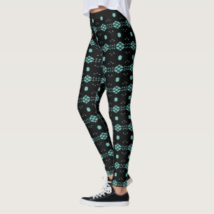 Stylish Black and Teal Turquoise Diamond Pattern Leggings