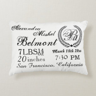 Stylish Black and White Baby Birth Keepsake Accent Pillow