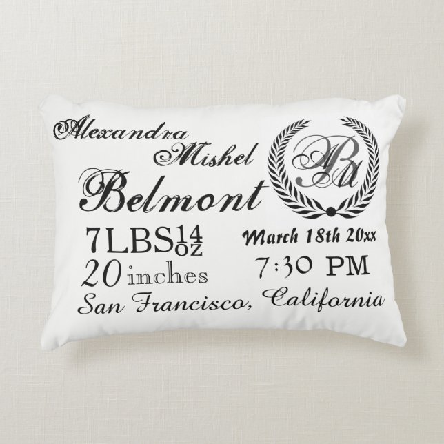 Stylish Black and White Baby Birth Keepsake Accent Pillow (Front)