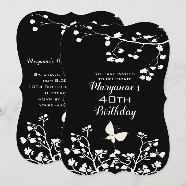 Stylish Black and White Butterfly Birthday Invitation (Front/Back)