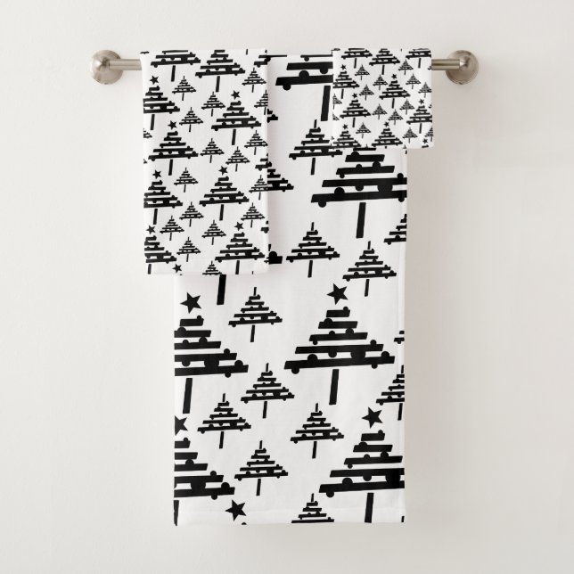 Stylish Black and White Christmas Tree Pattern Bath Towel Set (Insitu)