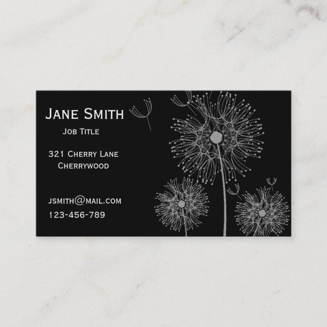 Stylish black and white dandelion customisable business card (Front)
