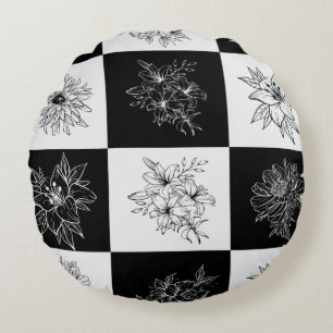 Stylish Black and white Floral chequered aesthetic Round Pillow