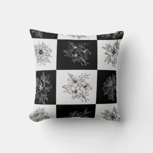 Stylish Black and white Floral chequered aesthetic Throw Pillow