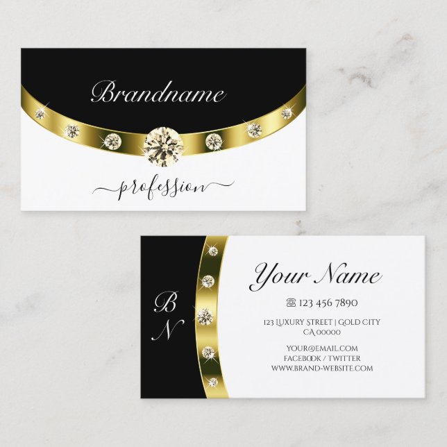 Stylish Black and White Gold Border with Monogram Business Card (Front/Back)