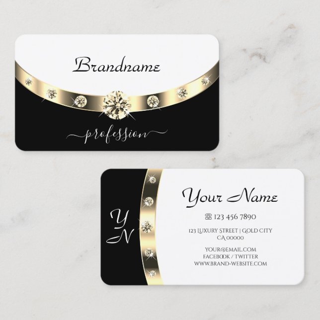 Stylish Black and White Gold Sparkling Diamonds Business Card (Front/Back)