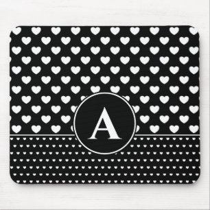 Stylish Black And White Hearts Custom Monogram Mouse Pad