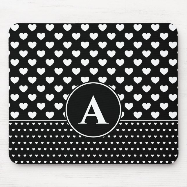 Stylish Black And White Hearts Custom Monogram Mouse Pad (Front)