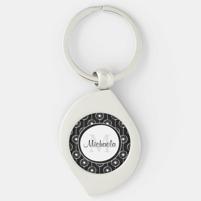 Stylish Black and White Hearts Monogram With Name Keychain (Front)