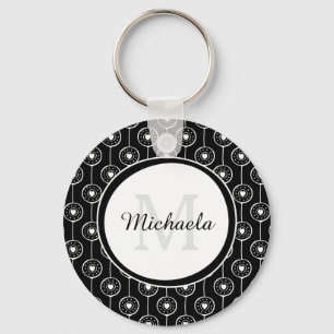 Stylish Black and White Hearts Monogram With Name Keychain