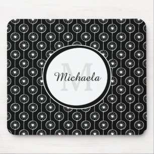 Stylish Black and White Hearts Monogram With Name Mouse Pad