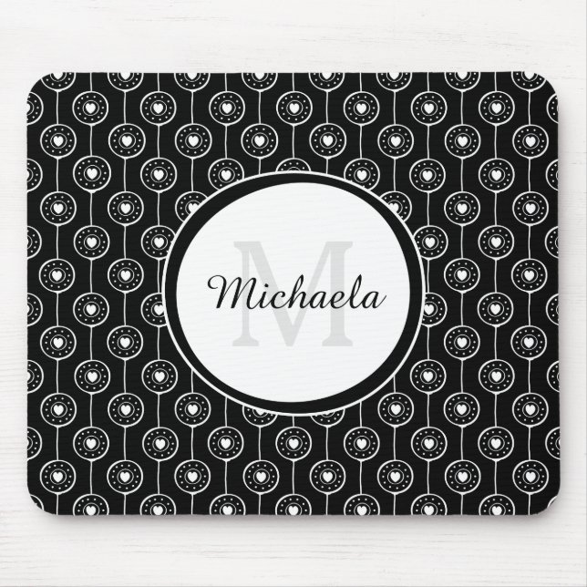 Stylish Black and White Hearts Monogram With Name Mouse Pad (Front)