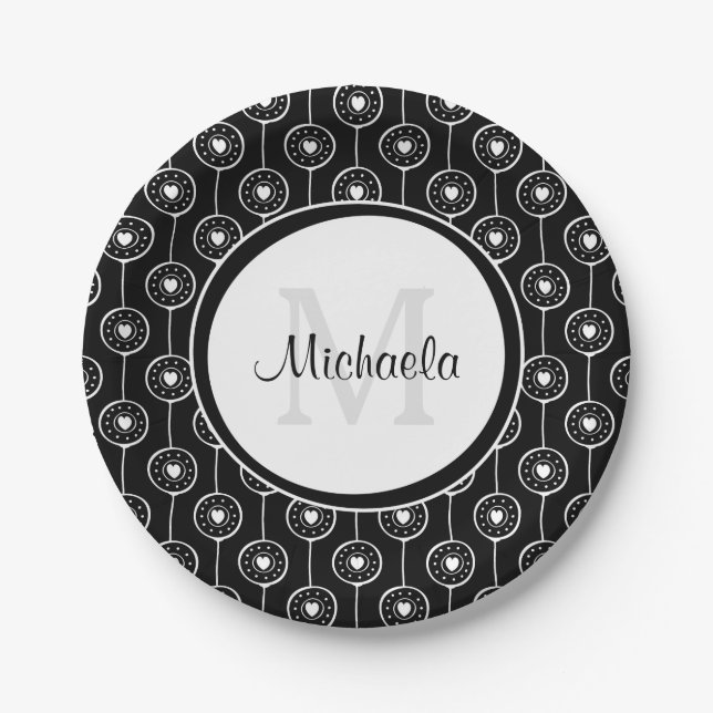 Stylish Black and White Hearts Monogram With Name Paper Plate (Front)