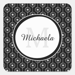 Stylish Black and White Hearts Monogram With Name Square Sticker