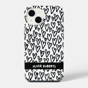 Stylish Black and White Hearts Pattern Personalize iPhone 14 Case