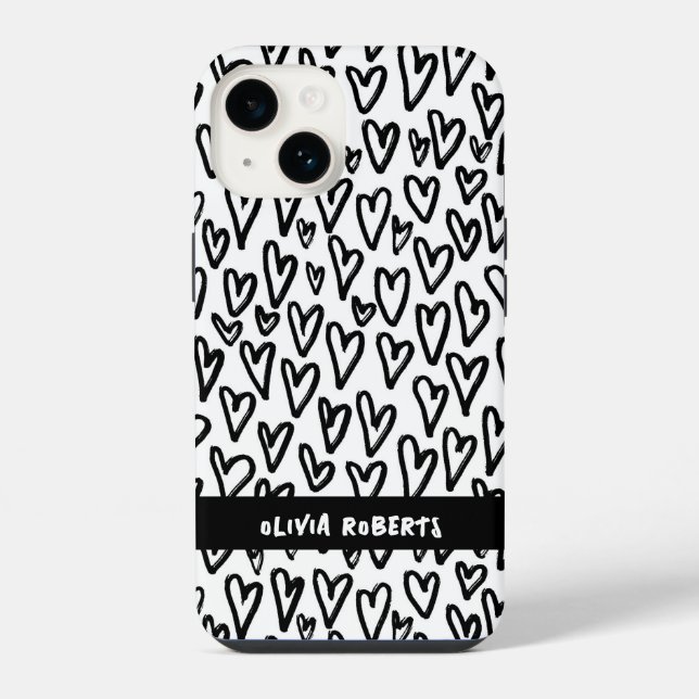 Stylish Black and White Hearts Pattern Personalize iPhone Case (Back)