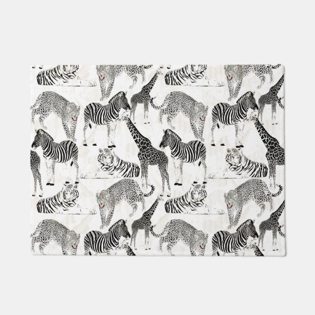 Stylish Black and White Jungle Animals Pattern Doormat (Front)
