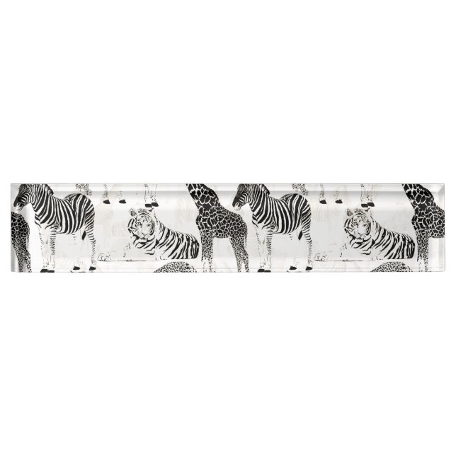 Stylish Black and White Jungle Animals Pattern Nameplate (Front)