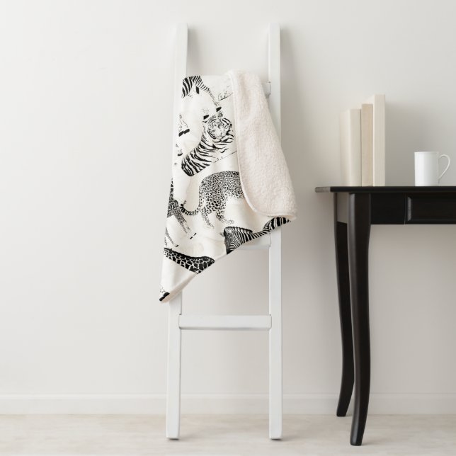Stylish Black and White Jungle Animals Pattern Sherpa Blanket (In Situ)