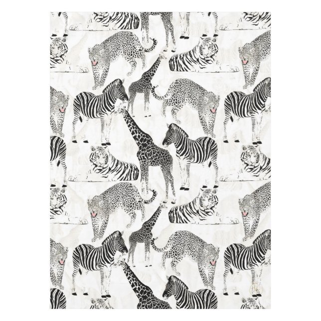 Stylish Black and White Jungle Animals Pattern Tablecloth (Front)