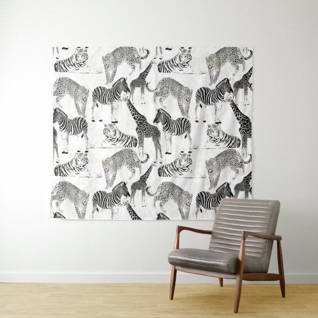 Stylish Black and White Jungle Animals Pattern Tapestry (In Situ (Horizontal))