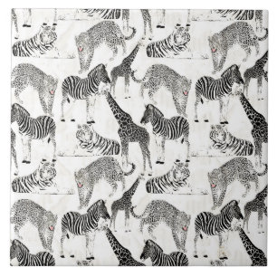 Stylish Black and White Jungle Animals Pattern Tile