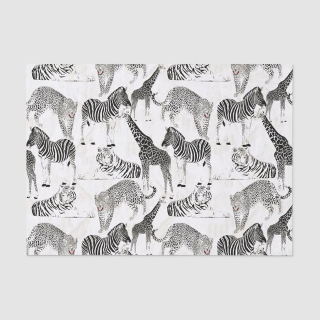 Stylish Black and White Jungle Animals Pattern Tissue Paper (Front)