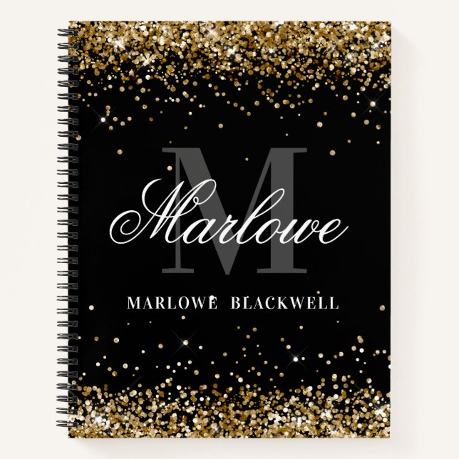 Stylish Black and White Monogram Gold Glitter Notebook (Front)